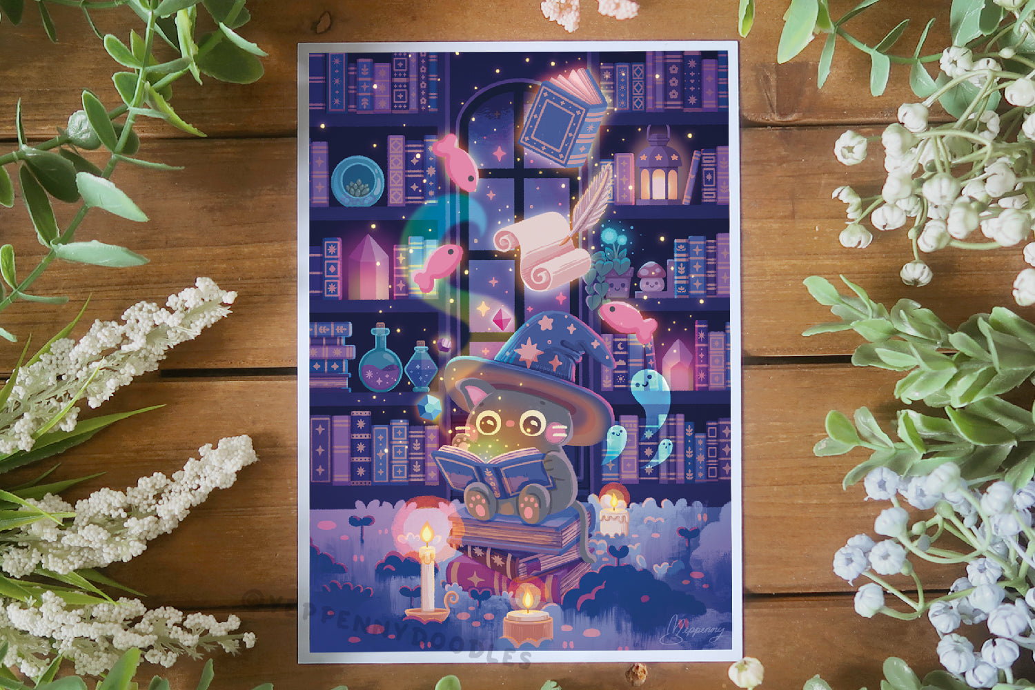 Cozy Witch Library (Cat, Bunny, Dog versions) - Art Print