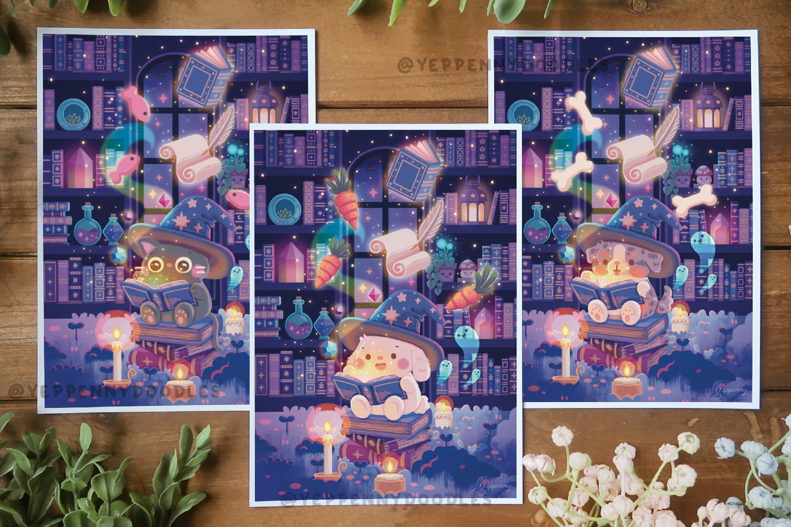 Cozy Witch Library (Cat, Bunny, Dog versions) - Art Print