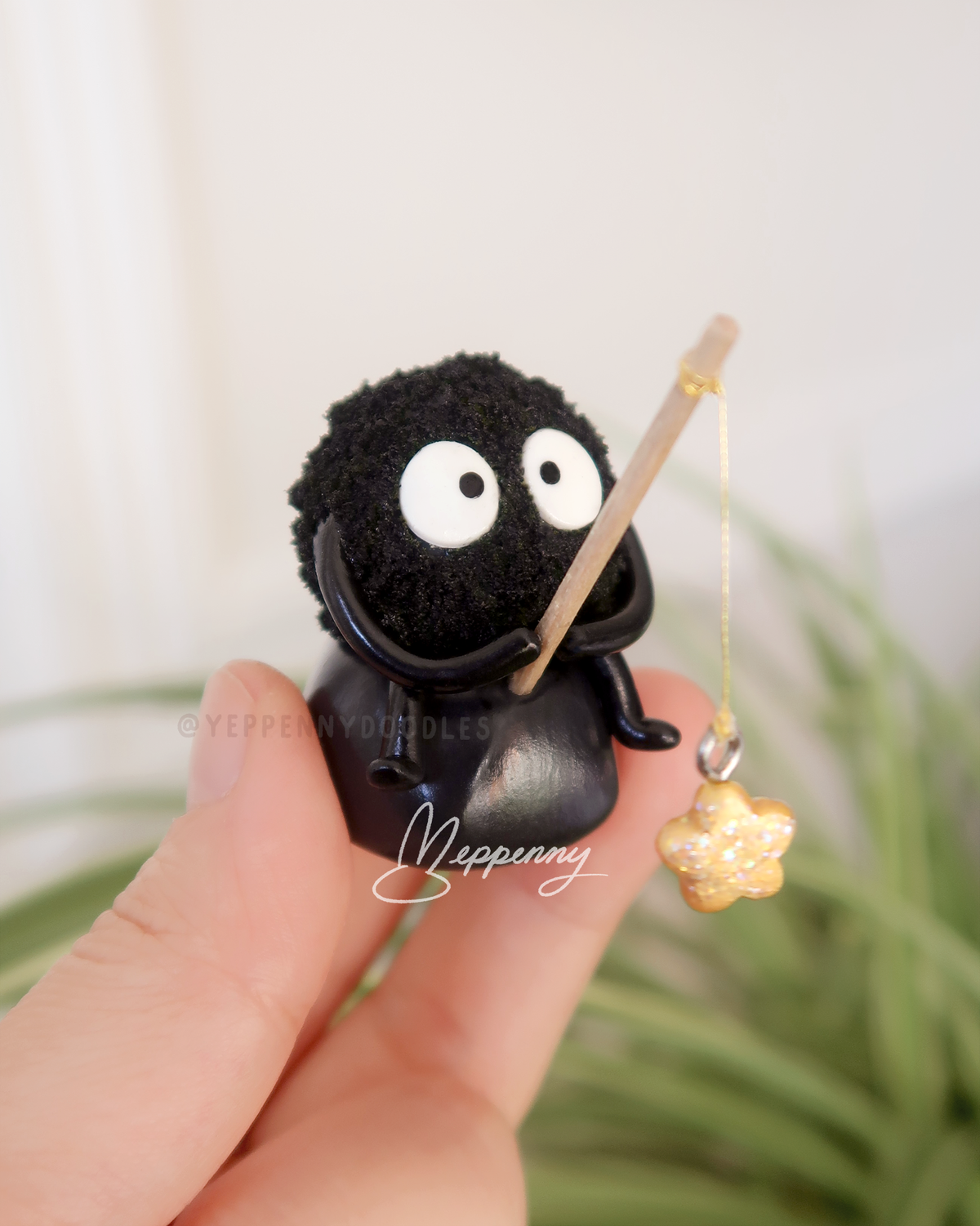 Star-Fishing Little Fuzzy Guy - Miniature Clay Desk Buddy